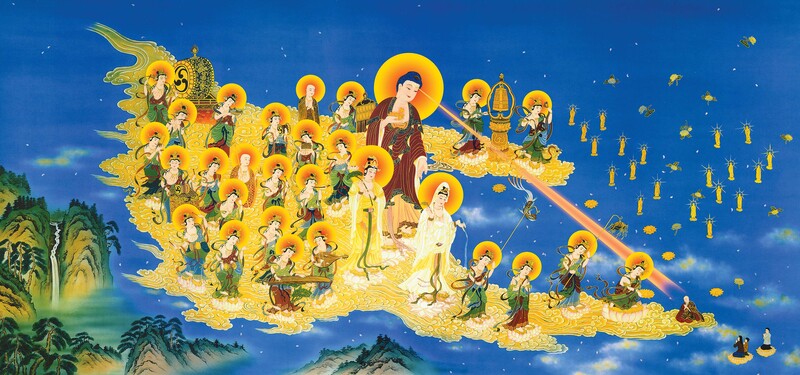 Amitabha Buddha and the great assembly of Bodhisattvas welcome beings to the Land of Ultimate Bliss